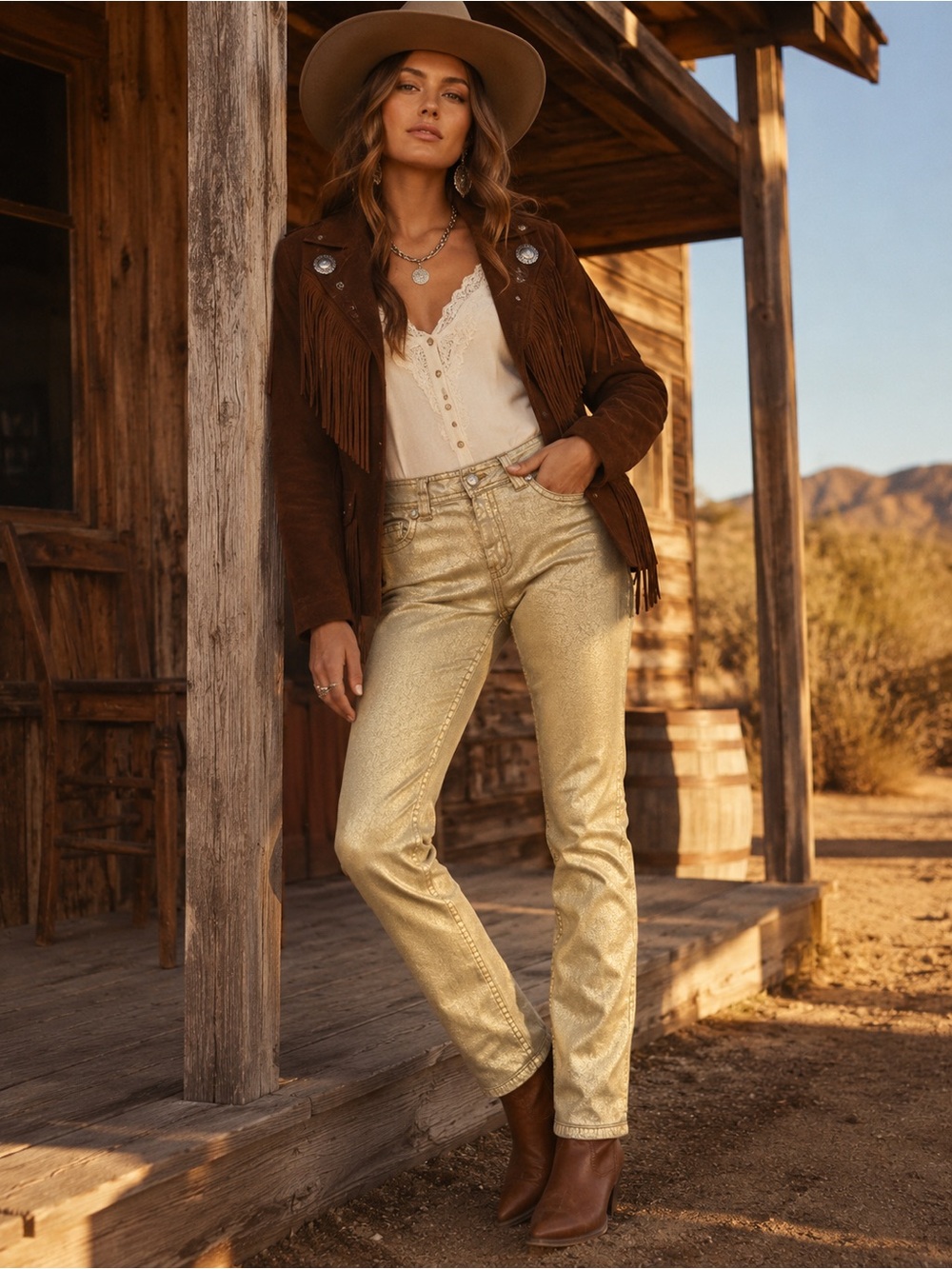 Reba Metallic Gold Straight Leg Mid Rise Jeans